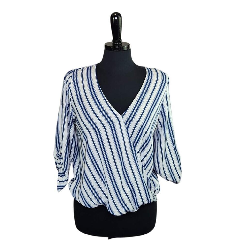 West Kei Striped Blouse Blouson Faux Wrap V Neck Hi Low Coastal Summer